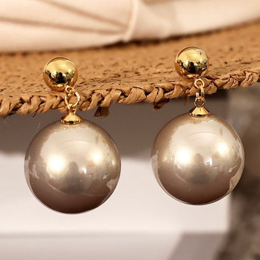 Grey Glass Pearl Gold Earrings